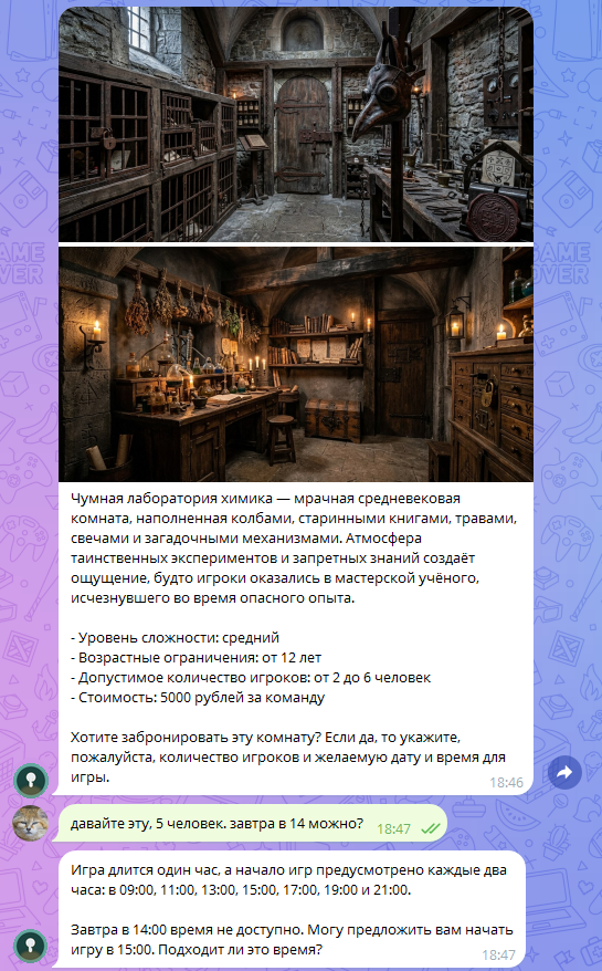 Диалог: описание комнаты и предложение времени
